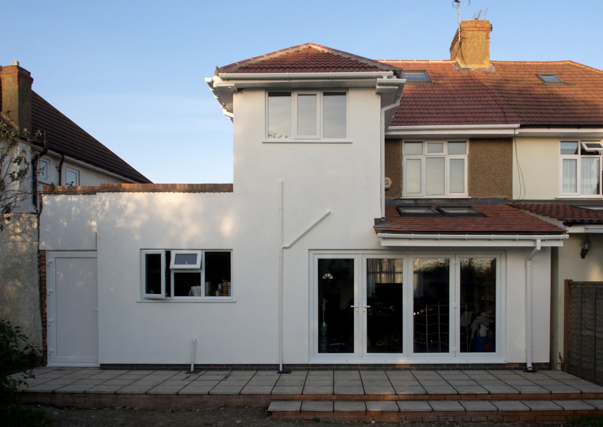 Rear extension on a British semi detached house with glazed patio doors